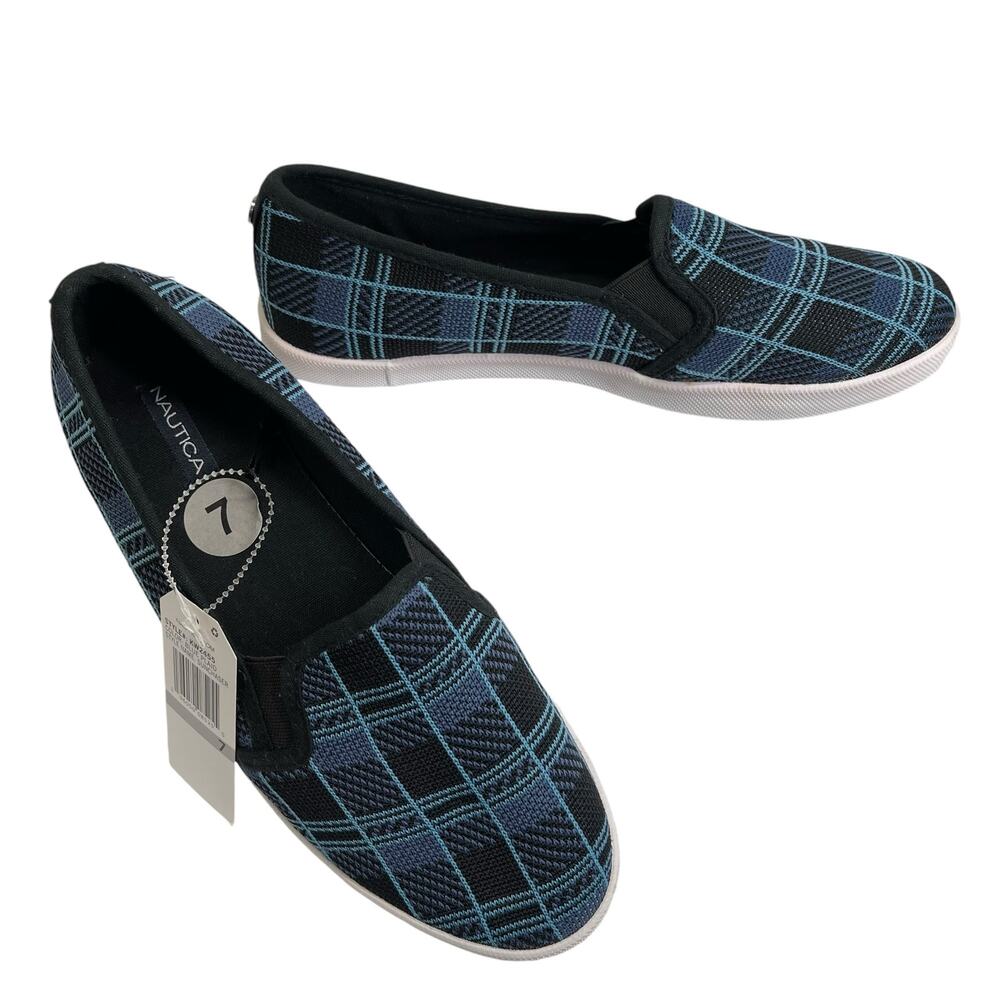 Nautica Sunchaser Blue Plaid Flat Canvas Woven Comfort‎ Slip-On Shoes 7 NWT